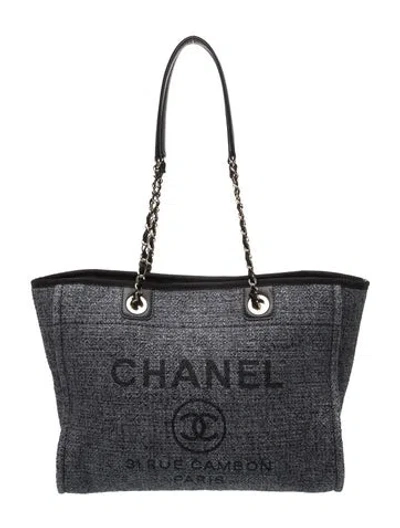Pre-owned Chanel Small Raffia Deauville Shopping Tote In Blue