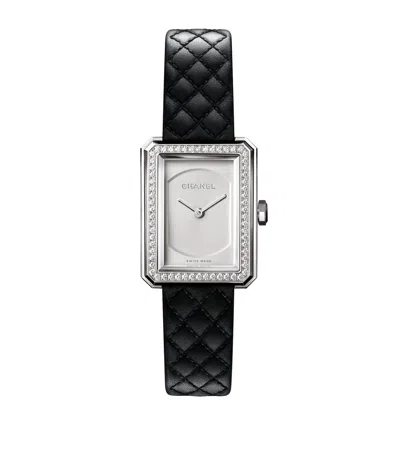 Pre-owned Chanel Small Steel And Diamond Boy·friend Watch In Black