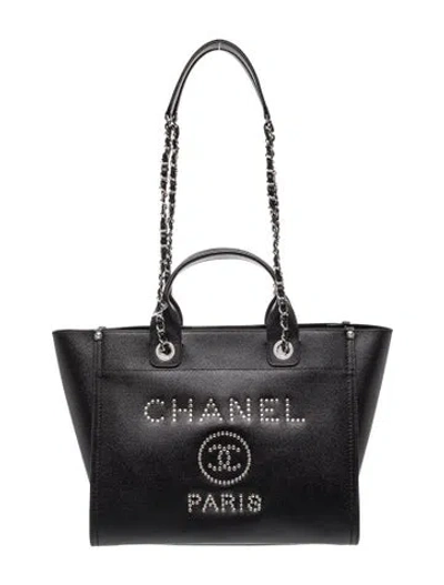 Pre-owned Chanel Small Studded Deauville Shopping Tote W/tags In Black