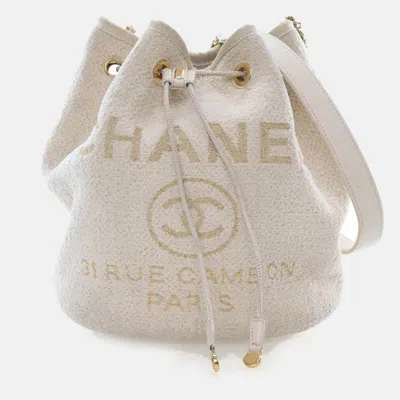 Pre-owned Chanel Small Tweed Deauville Bucket Bag In Sand