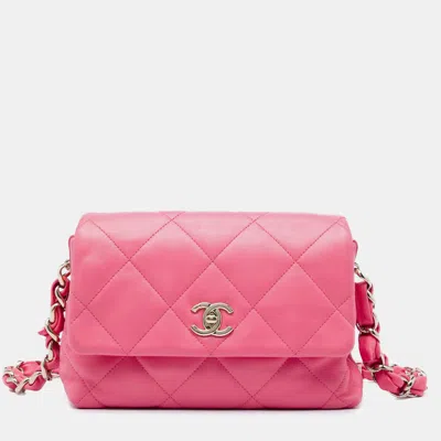 Pre-owned Chanel Small Woven Logo Chain Strap Flap Pink Lambskin Shoulder Bag