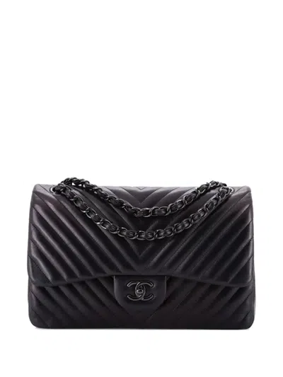 Pre-owned Chanel So Black Classic Double Flap Bag Chevron Lambskin Jumbo Crossbody Bag