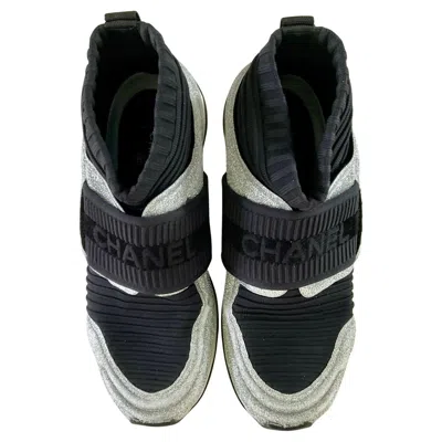 Pre-owned Chanel Sock Sneakers Glitter Cc Stretch Fabric Black Silver
