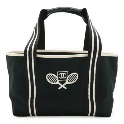 Pre-owned Chanel Sport Black White Canvas Leather Shoulder Bag Tote Bag () In Multi