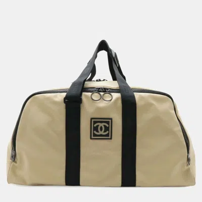 Pre-owned Chanel Sport Line Coco Mark Beige Black Nylon Canvas Boston Bag In Sand