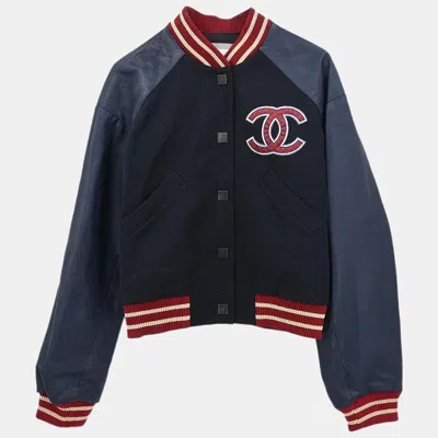 Pre-owned Chanel Sport Line Spring Letterman Bomber Jacket Navy 04p #36 In Blue