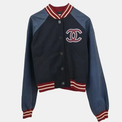 Pre-owned Chanel Sport Line Spring Letterman Bomber Jacket Navy 04p #36 In Blue