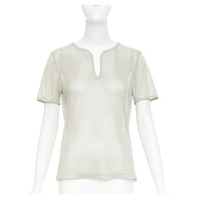 Pre-owned Chanel Sports 03p Vintage Grey Sheer Mesh Silver Cc Logo Split Neck Top Fr40 L In Gray