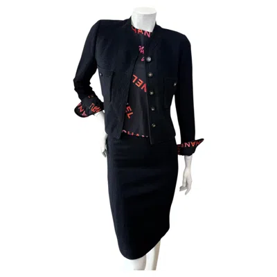 Pre-owned Chanel Spring 1996 Bouclé Three-piece Suit With Typography Blouse In Black