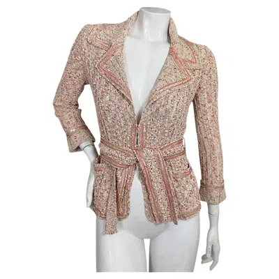 Pre-owned Chanel Spring 2006 06p Beige Pink Gold Sequin Belted Knit Cardigan Jacket