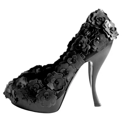 Pre-owned Chanel Spring 2010 3d Camellia Embellished Heels Black