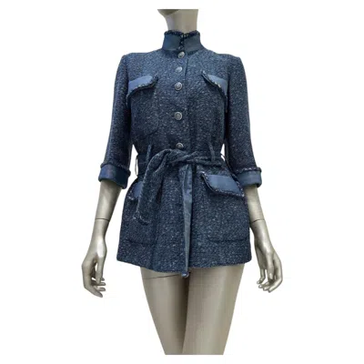 Pre-owned Chanel Spring 2012 Blue Tweed Denim Belted Jacket Size Fr 38