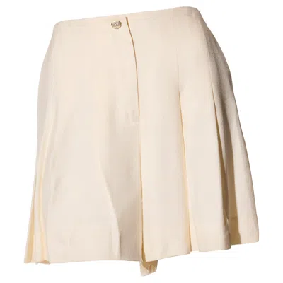 Pre-owned Chanel Spring 2012 Cream Silk Pleated Shorts With Crystal Cc Button Fr 38 In White