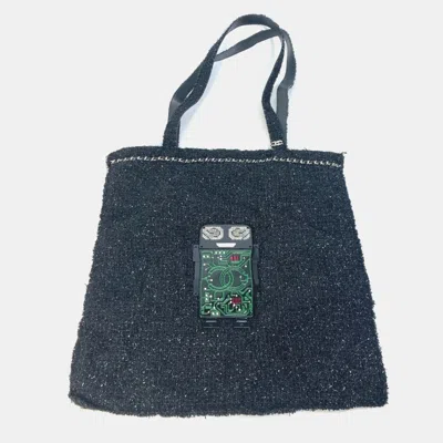 Pre-owned Chanel Spring 2017 Robot Large Black Metallic Tweed Shoulder Shopping Tote Bag