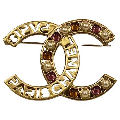 Pre-owned Chanel Spring 2020 Collection Gold Cc Logo Gripoix & Pearl Brooch In Multi