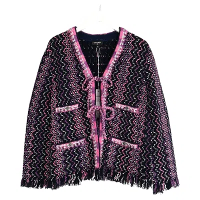 Pre-owned Chanel Spring 2021 Women's Navy Pink Knit Jacket Fr34/uk6 With Bows