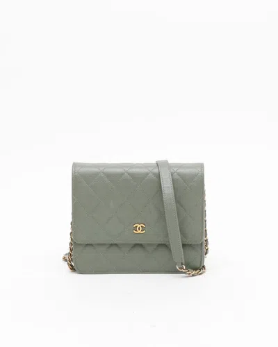 Pre-owned Chanel Square Caviar Wallet On Chain Bag In Green