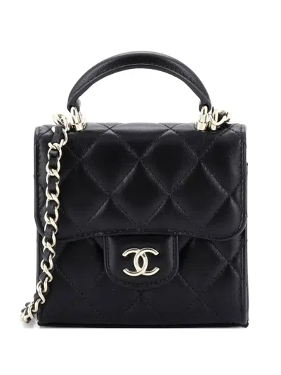 Pre-owned Chanel Square Classic Flap Top Handle Clutch With Chain Quilted Lambskin Crossbody Bag In Black