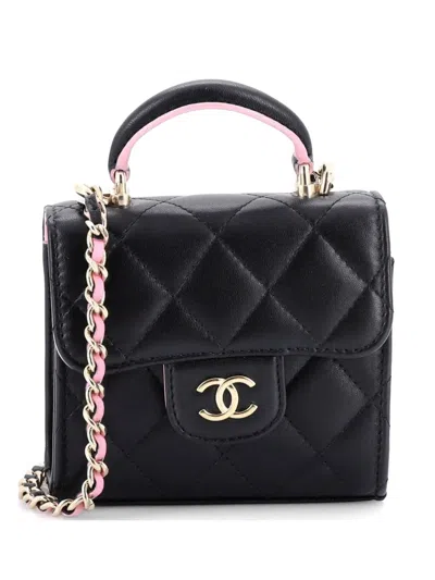 Pre-owned Chanel Square Classic Flap Top Handle Clutch With Chain Quilted Lambskin Crossbody Bag In Black