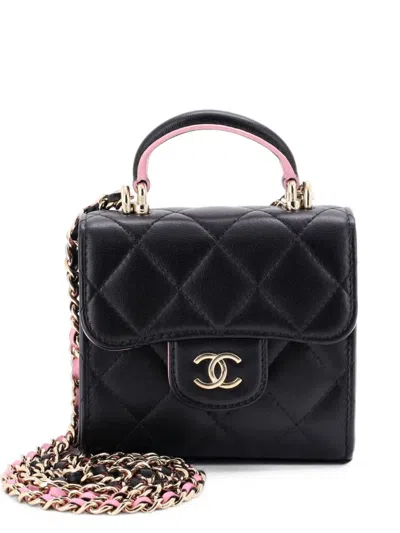Pre-owned Chanel Square Classic Flap Top Handle Clutch With Chain Quilted Lambskin Crossbody Bag In Black