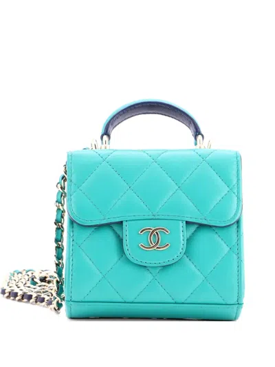 Pre-owned Chanel Square Classic Flap Top Handle Clutch With Chain Quilted Lambskin Crossbody Bag In Green