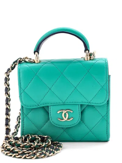 Pre-owned Chanel Square Classic Flap Top Handle Clutch With Chain Quilted Lambskin Crossbody Bag In Green
