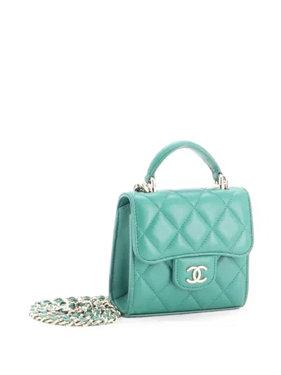 Pre-owned Chanel Square Classic Flap Top Handle Clutch With Chain Quilted Lambskin Crossbody Bag In Green