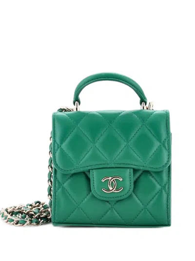 Pre-owned Chanel Square Classic Flap Top Handle Clutch With Chain Quilted Lambskin Crossbody Bag In Green