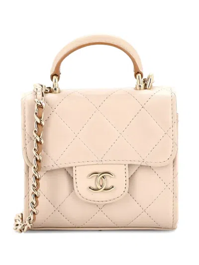 Pre-owned Chanel Square Classic Flap Top Handle Clutch With Chain Quilted Lambskin Crossbody Bag In Neutral