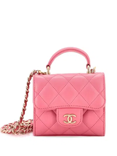 Pre-owned Chanel Square Classic Flap Top Handle Clutch With Chain Quilted Lambskin Crossbody Bag In Pink