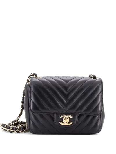 Pre-owned Chanel Square Classic Single Flap Bag Chevron Lambskin Mini Crossbody Bag In Black