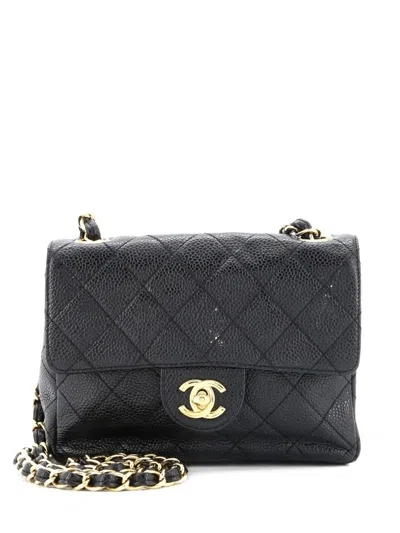 Pre-owned Chanel Square Classic Single Flap Bag Quilted Caviar Mini Crossbody Bag In Black