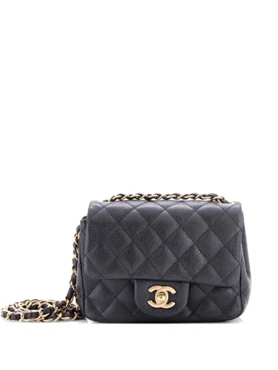 Pre-owned Chanel Square Classic Single Flap Bag Quilted Caviar Mini Crossbody Bag In Black