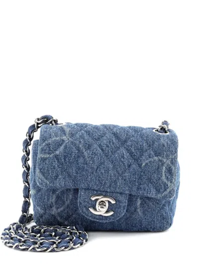 Pre-owned Chanel Square Classic Single Flap Bag Quilted Cc Printed Denim Mini Crossbody Bag In Blue