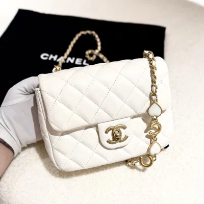 Pre-owned Chanel Square Flap White Leather Chain Shoulder Bag
