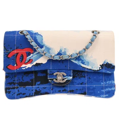 Pre-owned Chanel Square Stitch Surf Line Flap Bag Canvas Handbag () In Blue