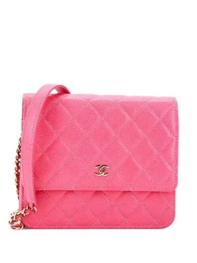 Pre-owned Chanel Square Wallet On Chain Quilted Caviar Crossbody Bag In Pink