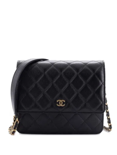 Pre-owned Chanel Square Wallet On Chain Quilted Letter Embossed Calfskin Shoulder Bag In Black