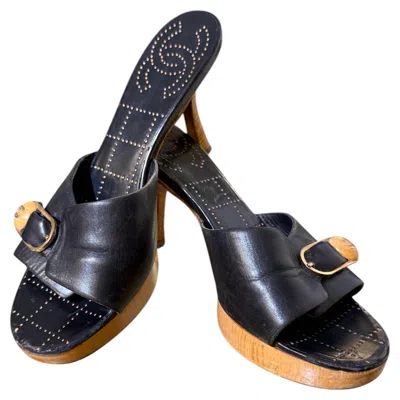 Pre-owned Chanel S/s 2002 Black Kid Leather Mule Slides W Blonde Platform & Stiletto Heels