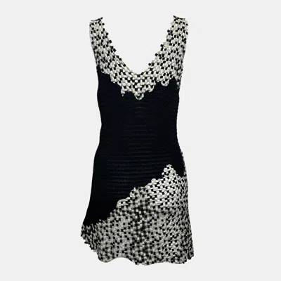 Pre-owned Chanel S/s 2011 Bicolor Lattice Black Size 34 Viscose Knit Mini Dress In Multicolor
