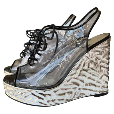 Pre-owned Chanel S/s 2016 Clear Lace-up Slingback Platform Wedge Sandals In Gray