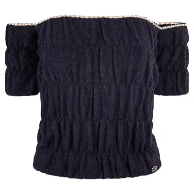 Pre-owned Chanel S/s 2021 Navy Blue Off Shoulder Knit Top