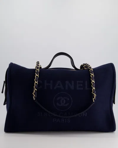 Pre-owned Chanel Ss 2022-23 Navy Medium Deauville Tote Bag In Canvas And Leather With Champagne Gold Hardware In Blue