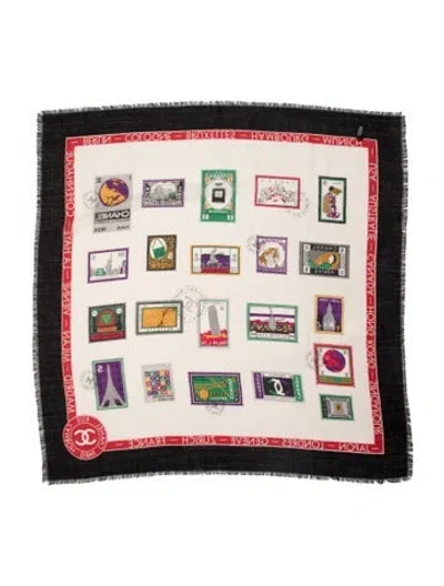 Pre-owned Chanel Stamps Silk Scarf In Black