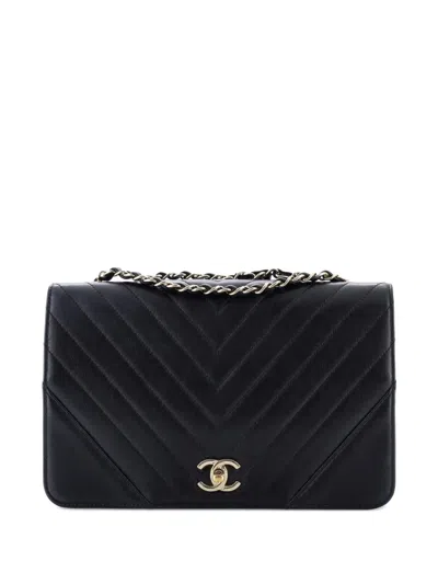 Pre-owned Chanel Statement Flap Bag Chevron Calfskin Medium Shoulder Bag In Black
