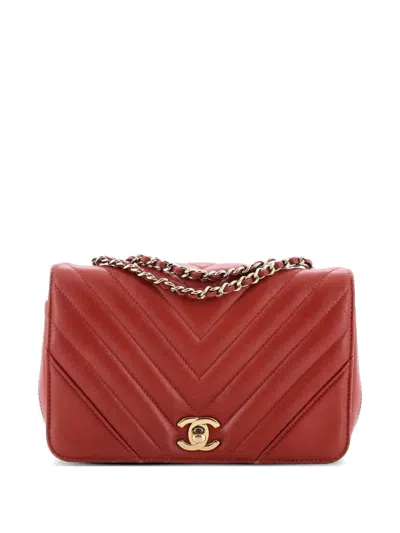 Pre-owned Chanel Statement Flap Bag Chevron Calfskin Mini Crossbody Bag In Red