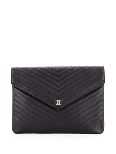 Pre-owned Chanel Statement Pouch Chevron Caviar Large Clutch Bag In Black