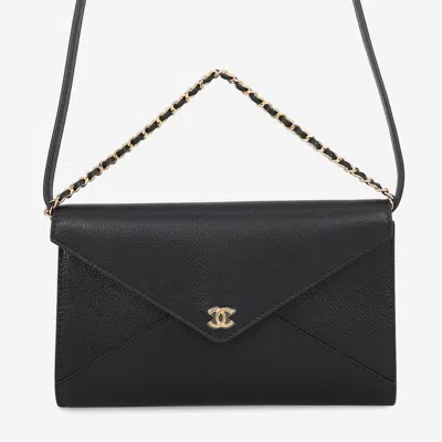 Pre-owned Chanel Strap Clutch Bag Black Grained Goatskin Leather