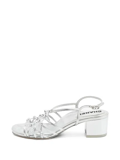 Pre-owned Chanel Strappy Block-heel Sandals In Silver