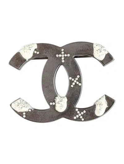 Pre-owned Chanel Strass & Glitter Cc Pin Brooch In Clear/silver/white